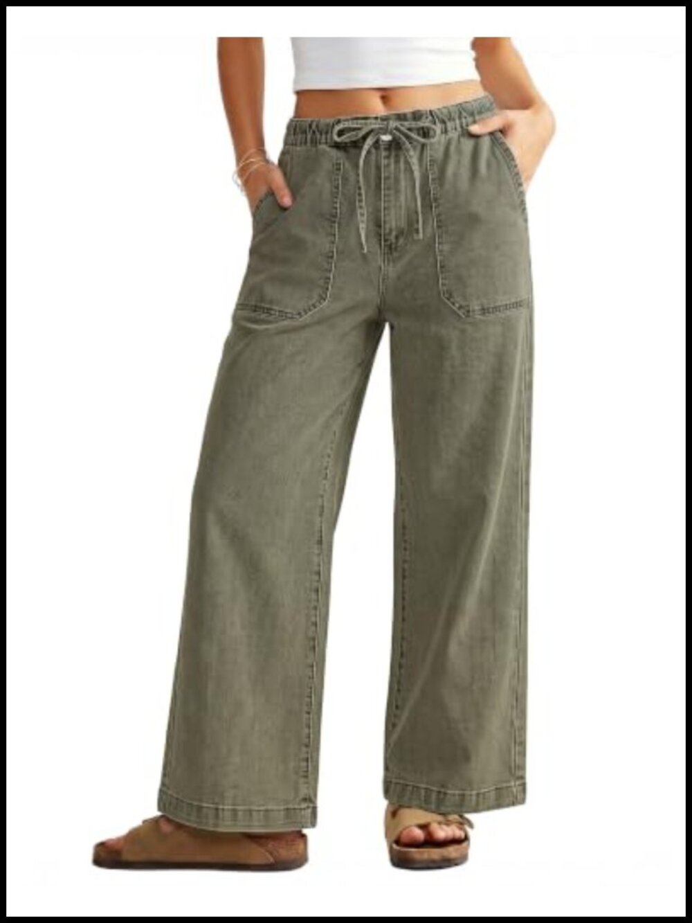 Wide Leg High Waisted Jeans Elastic Waist Drawstring Stretchy Denim Pants